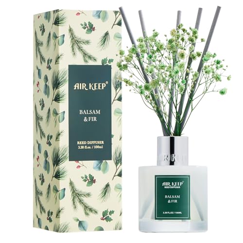 Image of Airkeep Reed Diffuser Set,3.38 fl oz (100 ml) - Balsam & Fir Oil Diffusers with 8 Reed Sticks,Home Fragrance Reed Diffuser for Bathroom Shelf Decor Winter Fragrance