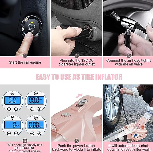 VARSK 4-in-1 Car Vacuum Cleaner High Power, Presents for Her Women Girls Mom, Pink Handheld Car Vacuum Portable Tire Inflator with Digital Tire Pressure Gauge LCD Display and Light, 12V DC, 15FT Cord - Image 5