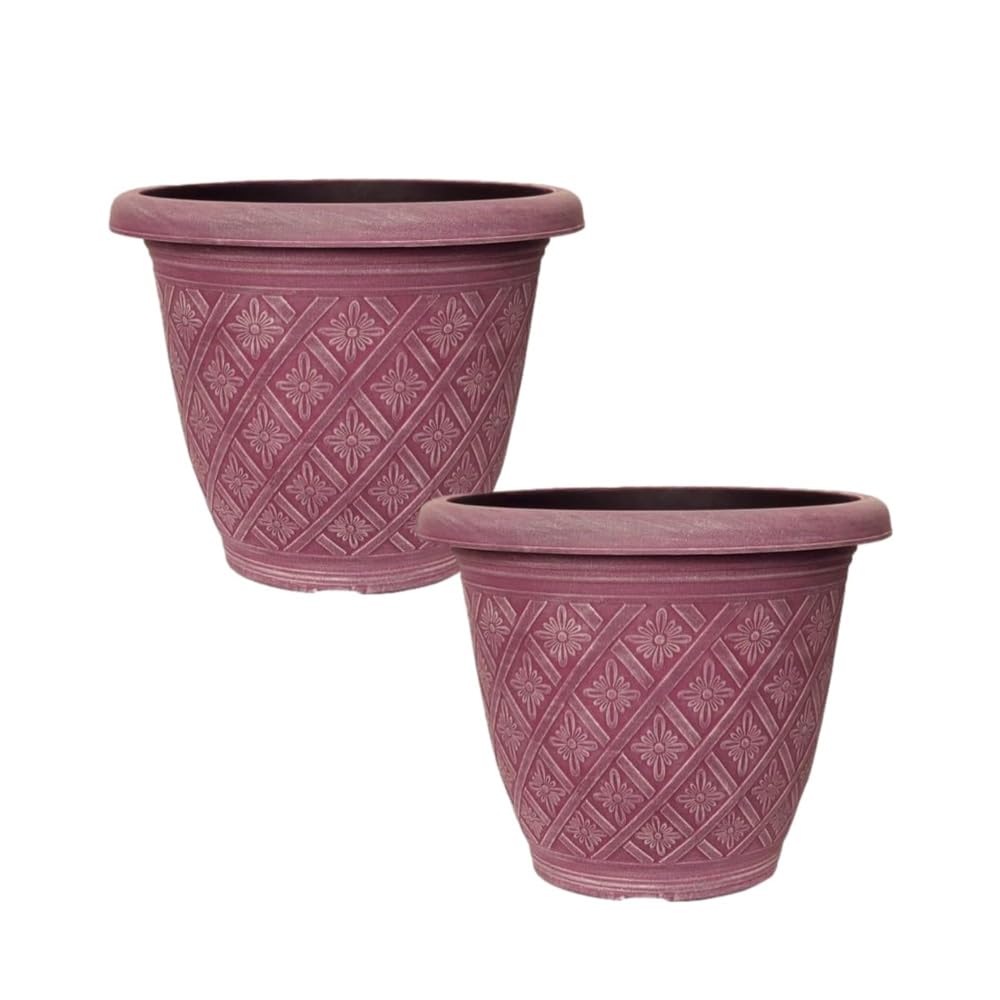 Woven Blossom Planter Decorative Plastic Plant Pot Indoor Outdoor Use | Flower Planter for Patio, Balcony, Home Garden Herbs, Succulents | Modern Container (Woven Blossom Pink, 33cm – Pack of 2)