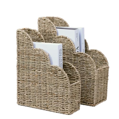 BROWNLILY Seagrass Magazine Holder Set of 2 - Natural Seagrass Organizer and Storage in Bedroom Bathroom Hand-woven Book Basket for Living Room, Home, Office