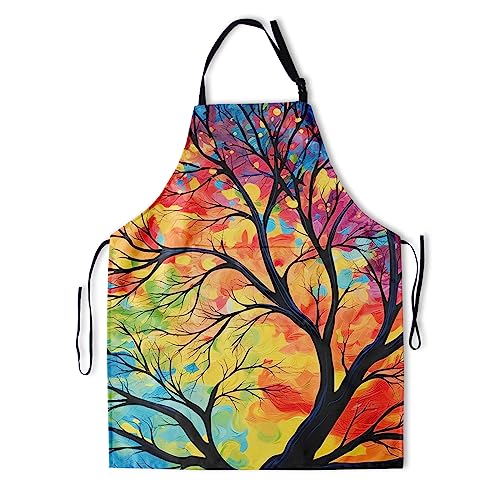 Colorful Seasonal Tree Artist Apron - Watercolor Nature Plant Painting Aprons for Adults Botanical Kitchen Cooking Bib Apron with 2 Pockets for BBQ Grill