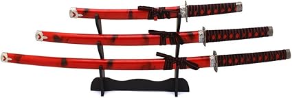 Samurai Sword Set with Display Stand-Set of 3 Japanese Swords-Katana, Tanto & Wakizashi-Red Marble Scabbard, Sheaths & Carbon Steel Blade by Whetstone