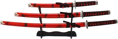 Samurai Sword Set with Display Stand-Set of 3 Japanese Swords-Katana, Tanto & Wakizashi-Red Marble Scabbard, Sheaths & Carbon Steel Blade by Whetstone