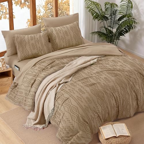 Image of WRENSONGE Full Size Comforter Set with Sheets - 7 Pieces Light Brown Tufted Bed in a Bag Full Shabby Chic Bedding Sets with 1 Comforter, 2 Sheets, 2 Pillowcases & 2 Shams