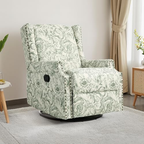 Image of Swivel Rocker Recliner Chair, 360 Swivel Wingback Recliner Chairs for Adults, Upholstered Glider Rocking Chair with High Back, Deep Seat for Living Romm Bedroom, Rococo Green