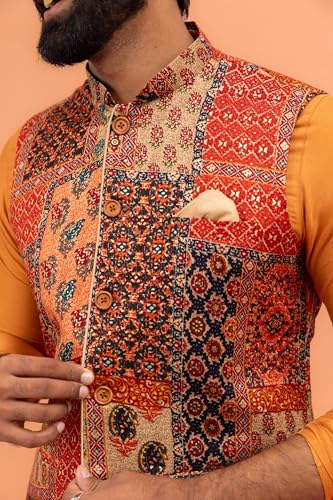 Image of KISAH Men's Navy Blue Printed Cotton Kurta - Regular Fit Long Tunic with Mandarin Collar | Ethnic Wear for Weddings & Festive Occasions