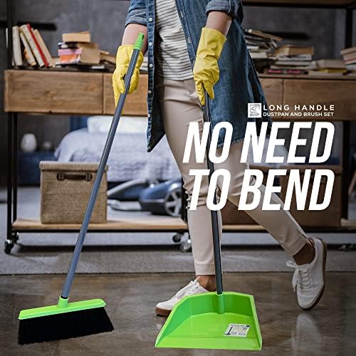 Long Handled Dustpan and Brush Set, Indoor Broom and Dustpan Set with Soft Sweeping Brush and Upright Dust Pan, Tall Dustpan and Brush Set House Cleaning Kit for Kitchen and Lobby (Green)