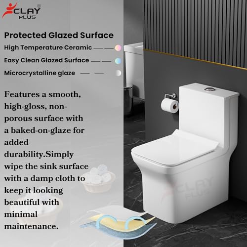 Image of Clay Plus Premium P-Trap Rimless Ceramic Western Toilet for Bathroom, Hotel, Hospital, Lavoratory, One-Piece Floor Mounted Water Closet with Soft Close Seat Cover for Home & Bathroom