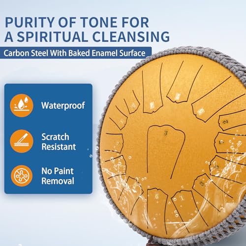 Rain Drum for Outside Garden, 13 Inches 15 Notes Rain Chime Steel Tongue Chakra Drum Gold, Hand Pan Musical Instrument Gift with Bag for Adult Kids, Mallets for Meditation Yoga - Image 5