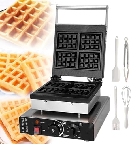 Stainless Steel Waffle Maker Machine | Commercial-Grade Dual Heating Plates, Adjustable Timer & Temperature, Perfects for Cafes/Home Breakfast + Baking Tools,4-Slice