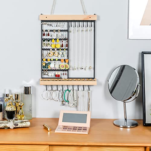Feyejade Hanging Jewelry Organizer, 6-Tier Wall Earring Holder With Wooden Ring Groove, Jewelry Rack Wall Mounted For Earrings, Necklaces, Bracelets And Rings, Jewelry Holder Stand #TOP7