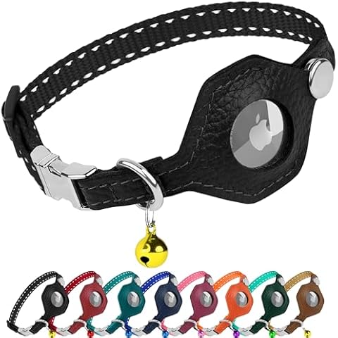 BUDKAS Leather AirTag Cat Collar with Metal Buckle - Reflective Non Breakaway Cat Collars with Apple AirTag Holder and Bell - GPS Tracking Pet Collars for Boy Girl Small Dogs Kitten Puppy (Black) Cover