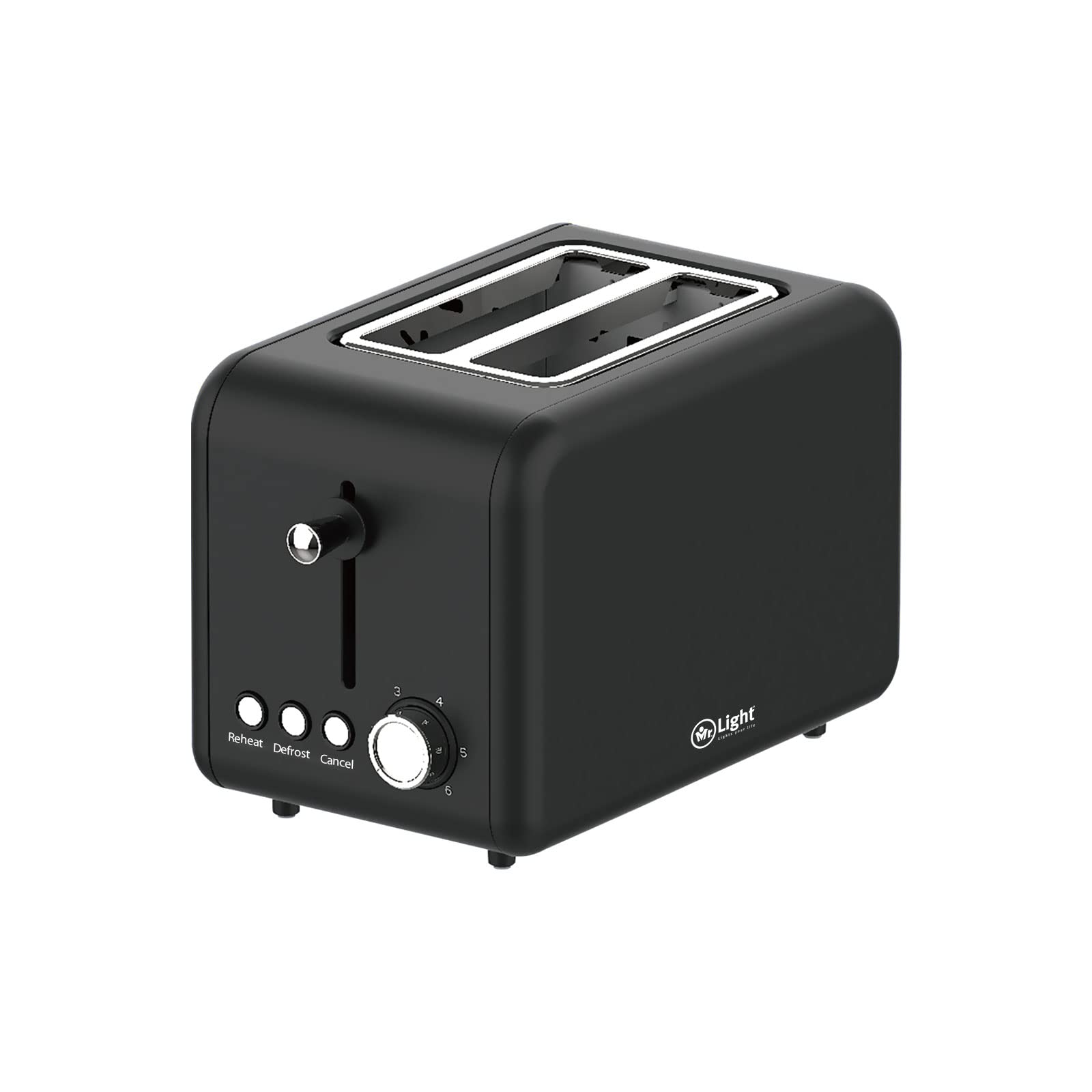 Mr Light Toaster, 2 Large Slots, Compact Electric Bread Toaster with 6 Toast Setting Defrost, Reheat, Cancel Functions, Removable Crumb Tray, Black Toaster (black), Mr.891