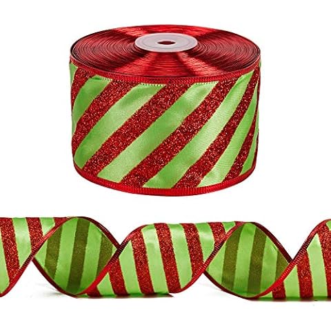 LaRibbons Wired Christmas Holiday Ribbon - Green with Red Glitter Stripe Ribbon - 2.5 inch x 25 Yard Each Roll - Red Wired Edge Cover