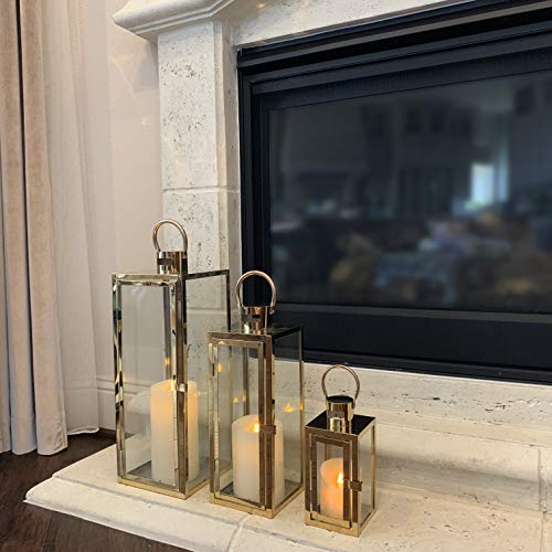 Image of Allgala 3-PC Lantern Set 23 Inch Jumbo Deluxe Modern Indoor /Outdoor Candle Lantern Set Stainless Steel Frame Tempered Glass Rectangular Gold Color for Garden Poolside Fireplace Wedding