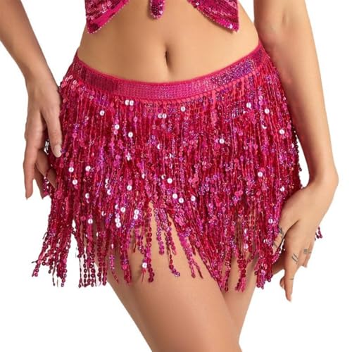 JAWUZ Falda Lentejuelas Mujer Cintura Alta Elastica, Falda Corta Lentejuela Sexy Brillante, Falda de Lentejuela para Baile Danza Club Colombiana Salsa Baile de Vientre, Rosa roja