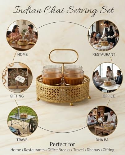 Image of Printed Tea Glass Set with Golden Metal Stand | Set of 4 Cutting Chai Glasses 120ml | Designer Iron Holder Tray for Tea Coffee Serving | Home Kitchen Cafe Use (Gold)