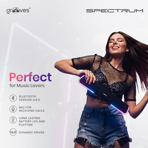 Image of Grooves Specturm Soundbar, 16W Signature Sound, RGB LEDs, Dual Full-Range Drivers, Upto 5H Battery, TWS, Multi Ports, Bluetooth Sound bar, Home Theatre Soundbar Speaker (Premium Black)