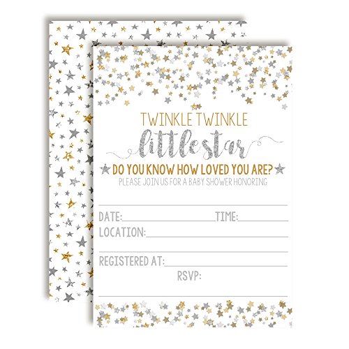 Gold & Silver Twinkle Little Star Baby Shower Invitations For Girls Or Boys, 20 5"X7" Fill In Cards With Twenty White Envelopes By Amandacreation #TOP17