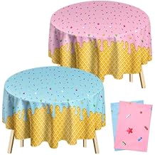 Chumia 2 Pcs Ice Cream Round Tablecloth 84 Inch Plastic Sprinkle Donut Table Covers Ice Cream Party Decorations Disposable Tablecloth for Sweet One Donut Summer Birthday Supplies Blue,Pink