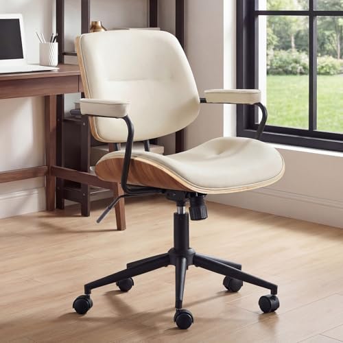 Image of Mid Century Modern Office Chair with Adjustable Backrest, Wooden Desk Chair with Armrests, Swivel Height Adjustable Home Office Chair, Comfortable Task Chair for Home Office, Beige