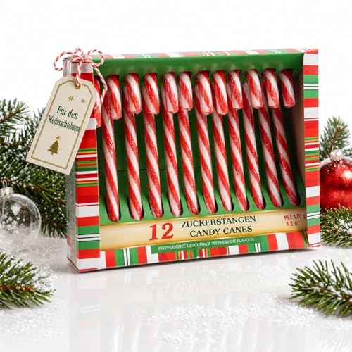MC-Trend Zuckerstangen 12 Stück Essbare Weihnachtsdeko mit Pfefferminz-Geschmack ideal als Baumschmuck und festliche Süßigkeit zu Weihnachten (12er Set)