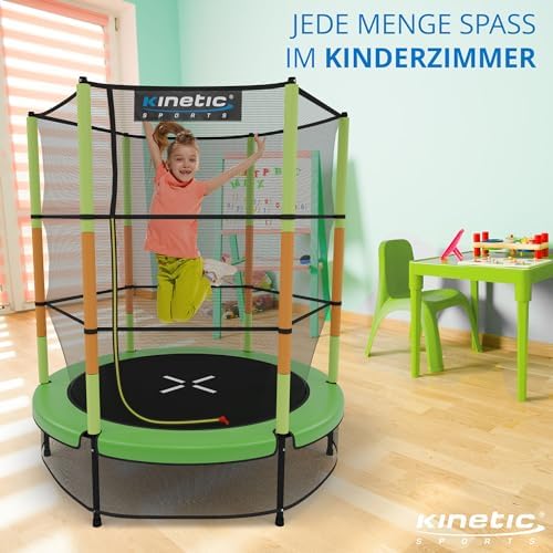 2. Bild von KINETIC SPORTS Kinder Trampolin Jumper 140 cm - Inklusive Gummiseil Federung, Sicherheitsnetz mit Reißverschluss, Rahmenpolster, Schutz Bodennetz - Indoor Kindertrampolin Spielzeug