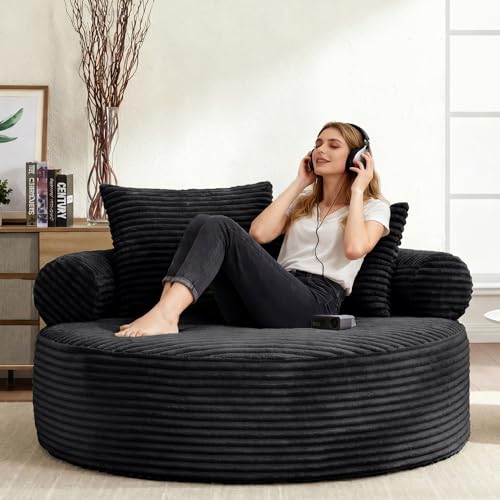 Image of Oversized Round Chair Lounge Chaise Indoor, 55.5 inch Upholstered Corduroy Deep Seat Single Cloud Sofa Chair, Fluffy Modern Large Circle Boneless Sleeper Sofa for Living Room, Bedroom, Black