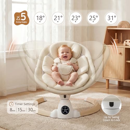 Image of Baby Swing for Infants, Portable Electric Baby Swings with Bluetooth, 5 Swing Speed, 10 Melodies, 5-Point Harness, Remote Control & Touch Panel - Infant Swing for Indoor & Outdoor Use, Beige