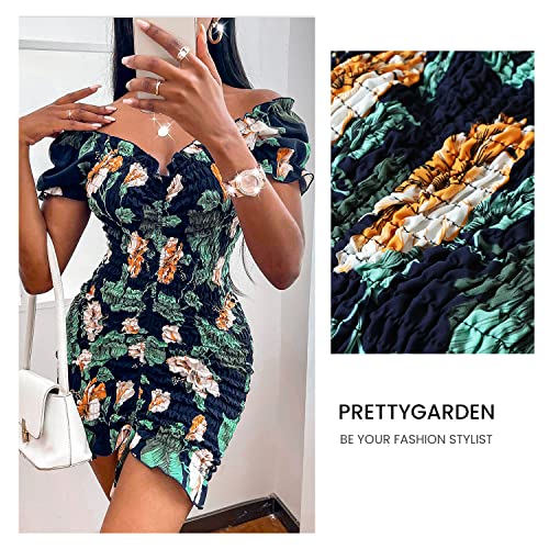Image of PRETTYGARDEN Women's Summer Off Shoulder Bodycon Dresses Short Sleeve Drawstring Sexy Mini Party Club Smocked Dress