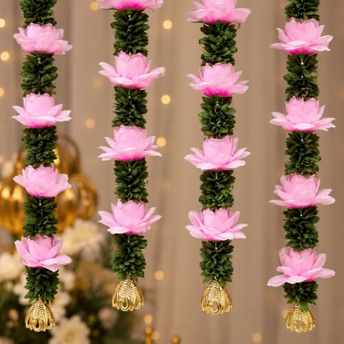 Image of Rajasthan Kraft Artificial Pack of 4, Flower Wall Hanging for Home Decoration | 33 * 4 Inch Pink Floral Hanging with Green Leaves, Decorative Wall Hanging for Diwali, Wedding, Mandir & Living Room