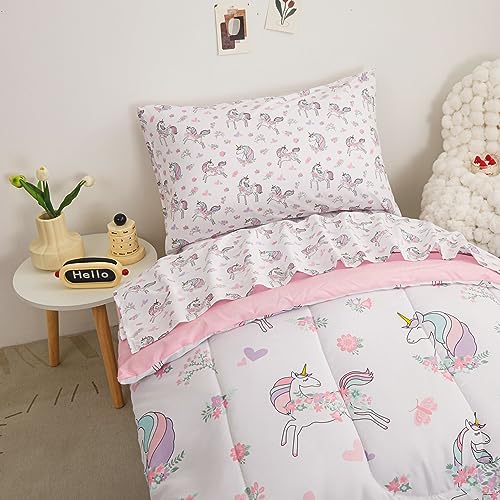 Image of Viviland Toddler Comforter Sets, 4 Pieces Bedding Sets, White Background | Microfiber Pink Bed Set, Girls, Breathable & Soft, Comforter, Bed Sheet, Fitted Sheet and Pillowcase, Machine Washable