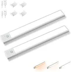 Kit 2 Luzes de Armário, LED USB Recarregável Luzes de Armário de 40CM, 1000mAh Bateria Operada Sensor de Movimento Luz Interior, 50-150LM, 3 Temps de Cor Regulável para Cozinha Escadas Guarda-Roupa