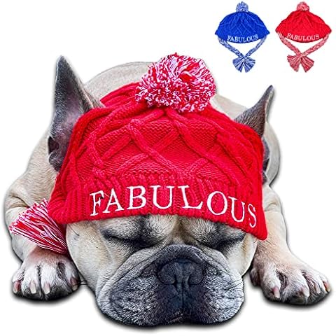 Strickmütze für Hunde, warme Hundehüte mit Puffball und Krawatte, weiche Baumwolle Cover