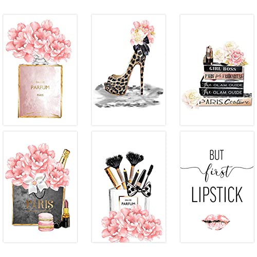 6 piezas de moda para mujer, lienzo de pared sin marco, impresiones artísticas, pinceles de maquillaje de perfume de flores rosas, pinturas para sala de estar, decoración de oficina de 20 x 30 cm