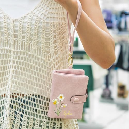 Custom Leather Coin Purse for Women, BUGMKCS Birth Flower with Name Ladies Wrist Wallet Small Tri-Fold Zipper Coin Purse with Wrist Strap Personalized Gift for Mom Mother's Day Birthday3