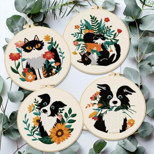 Image of BEUNITONE 4 Set Cat and Dog Embroidery Kit for Beginenrs Hand Sewing Embroidery Kits with Cat and Dog Pattern Needlepoint Kit with Colourful Threads Needles Instructions