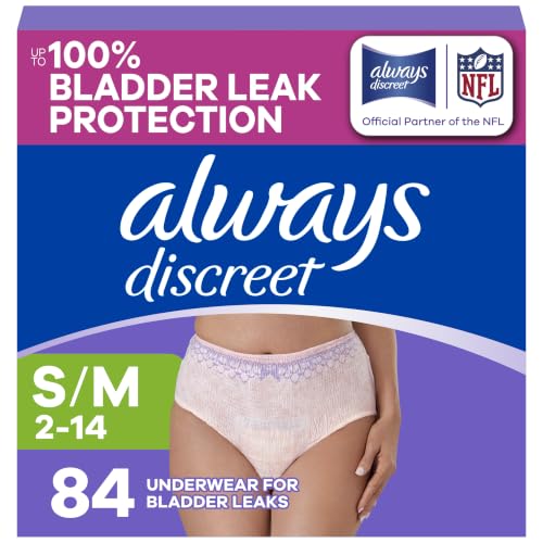 Always Discreet Adult Diapers for Women, Incontinence Underwear, Postpartum Essentials, Disposable Briefs, Max Absorbency, Bladder Leak Protection, Small/Medium, 84ct