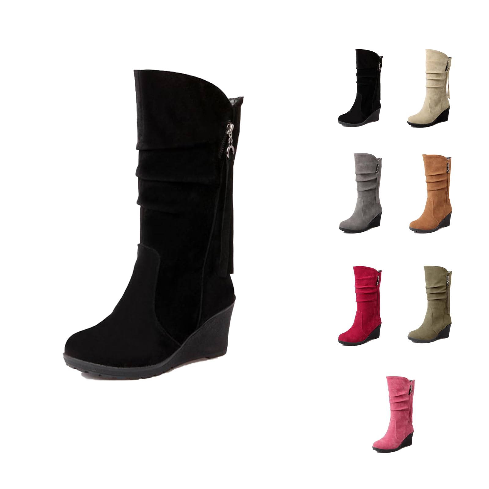 Womens Wedge Heel Mid-Calf Boots - Thin Fur Lined Suede Leather Winter Warm Shoes Suede Round Toe Wide