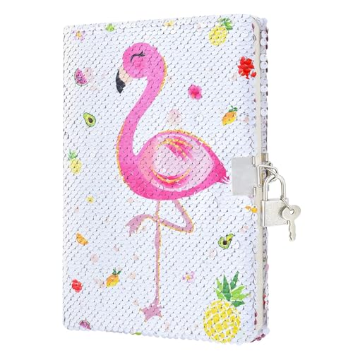 WERNNSAI Diario de Flamencos de Lentejuelas - Diario Secreto Niña 21 x 15 CM Mágico del Bloc con Candado de Cumpleaños Regalo Travel Privado Diarios para Niñas Material Escolar