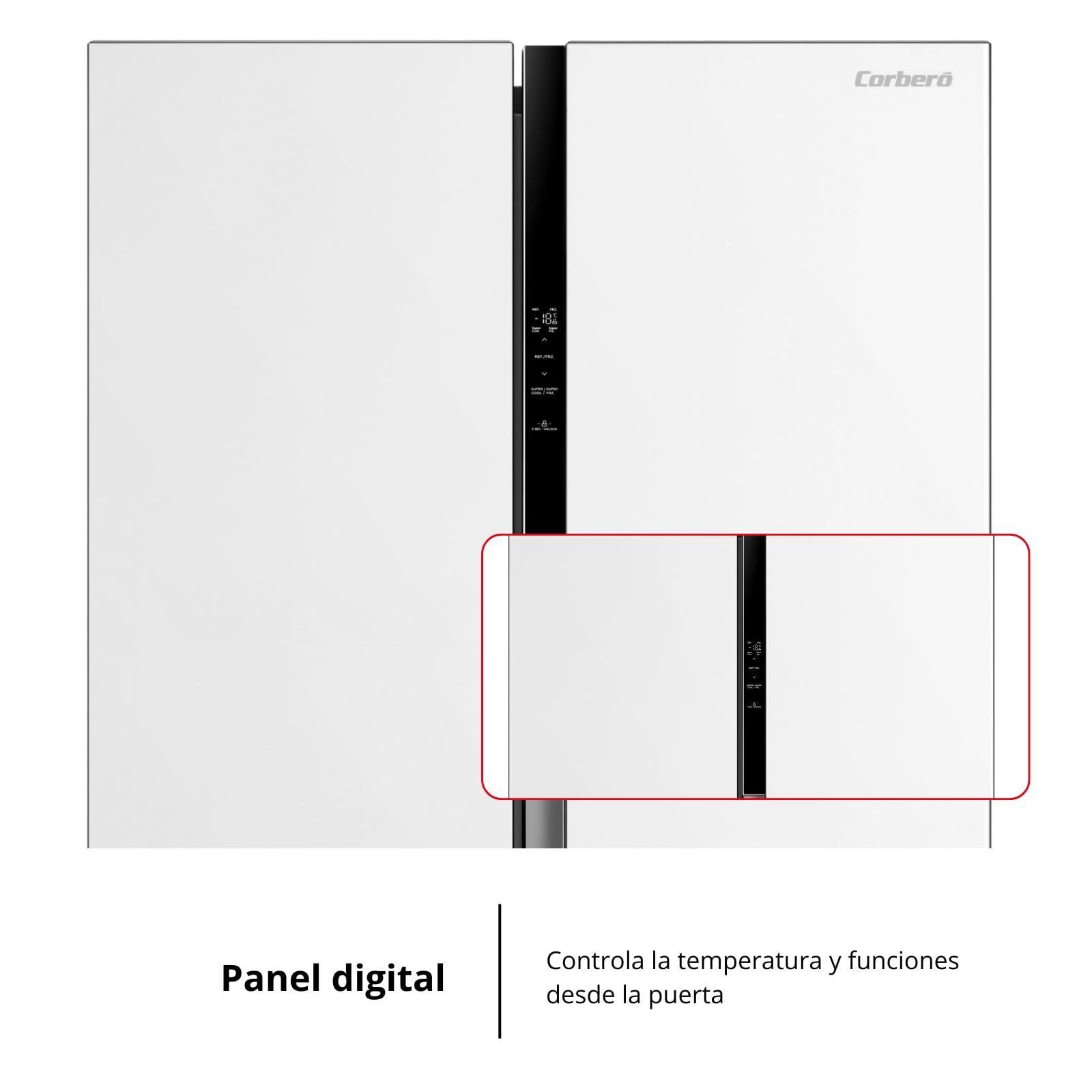 Corberó – Frigorífico Americano | CFSBSM460NFW | 460L | 177.5cm | No Frost | Motor Inverter |41 dB | Display en la puerta | Súper Enfriamiento | Súper Congelación | Blanco