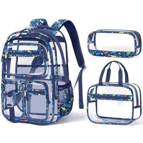 Fimibuke Clear Backpack for Boys, 3PCS Heavy Duty PVC Transparent Boys Backpack with Lunch Box & Pencil Case, School Stadium Event Approved Toddler School Bookbag for Preschool Kindergarten Elementary