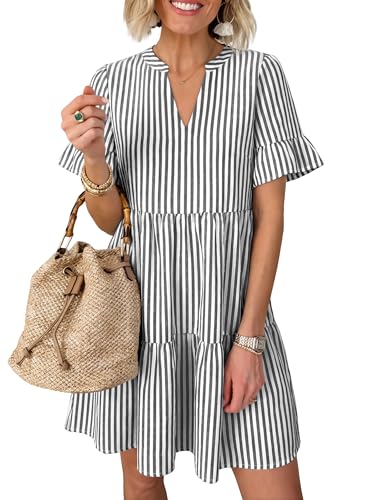 Image of Caracilia Dresses for Women Summer 2026 Striped V Neck Ruffle Sleeve A Line Tiered Flowy Casual Mini Beach Dress with Pockets