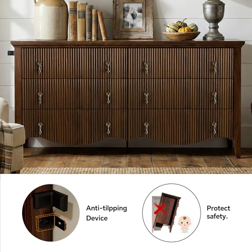Image of FUSUNBAO 6-Drawer Fluted Dresser, 52 inch Wide Double Chest of Drawers,Walnut | Fluted Design, Horizontal Chest of Drawers, Freestanding Storage Cabinet, For Bedroom & Living Room, Farmhouse Decor