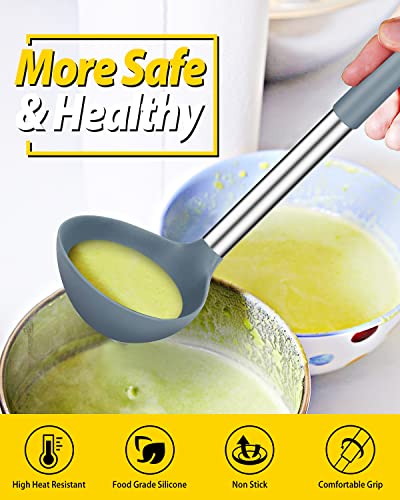 Pack of 2 Ladle Spoon,Silicone Large Spoons for Soup,Non Stick Kitchen Utensils with High Heat Resistant,BPA Free Perfect Kitchen Tools for Cooking, Stirring,Serving Soups (Gray-Blue)