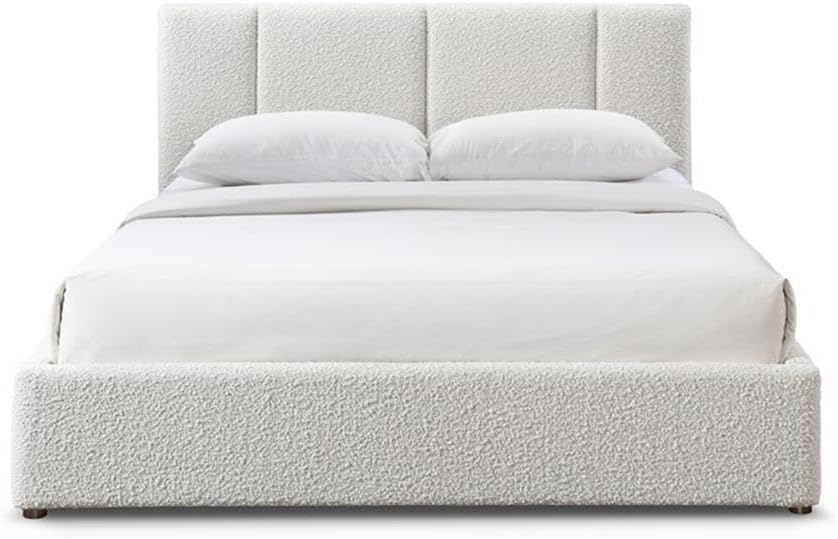 Venice Upholstered Platform Bed | Box Spring Not Required | (Cream Beige Boucle, Queen Bed Frame)