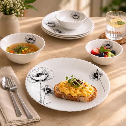 Image of CELLO Wild Poppy Dazzle Series Opalware Dinner Set of 40 Pieces for Family of 6 | Bone-Ash Free & Leadfree Opal Glass, Microwave & Dishwasher Safe Plates & Bowls Crockery Set for Dining & Gifting