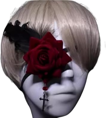 Yuri Gothic Lolita Rose Eye Patch Mask Single Retro Black Fit Hallowmas Party Accessories (red) Feather