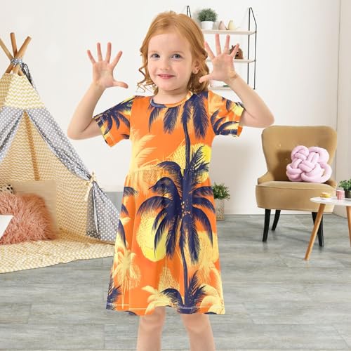 Palm Tree Orange Girls Short Sleeve Dress Quick Dry Toddler Summer Outfit 2T to 8 Years4