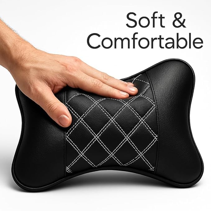 Image of Leather Car Neck Pillow for Travel, Travel Micro Fiber Rest Pillow /Cushion Set of Pillows Compatible with All Cars - Pack of 2 Pieces (White Black)